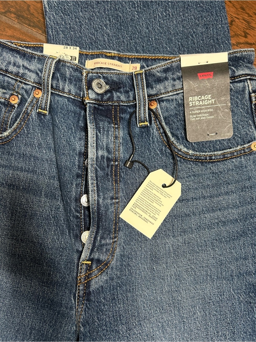 Levi’s Premium Ribcage Straight High Rise Dark Wash Denim Jeans Womens 28 - Picture 2 of 5
